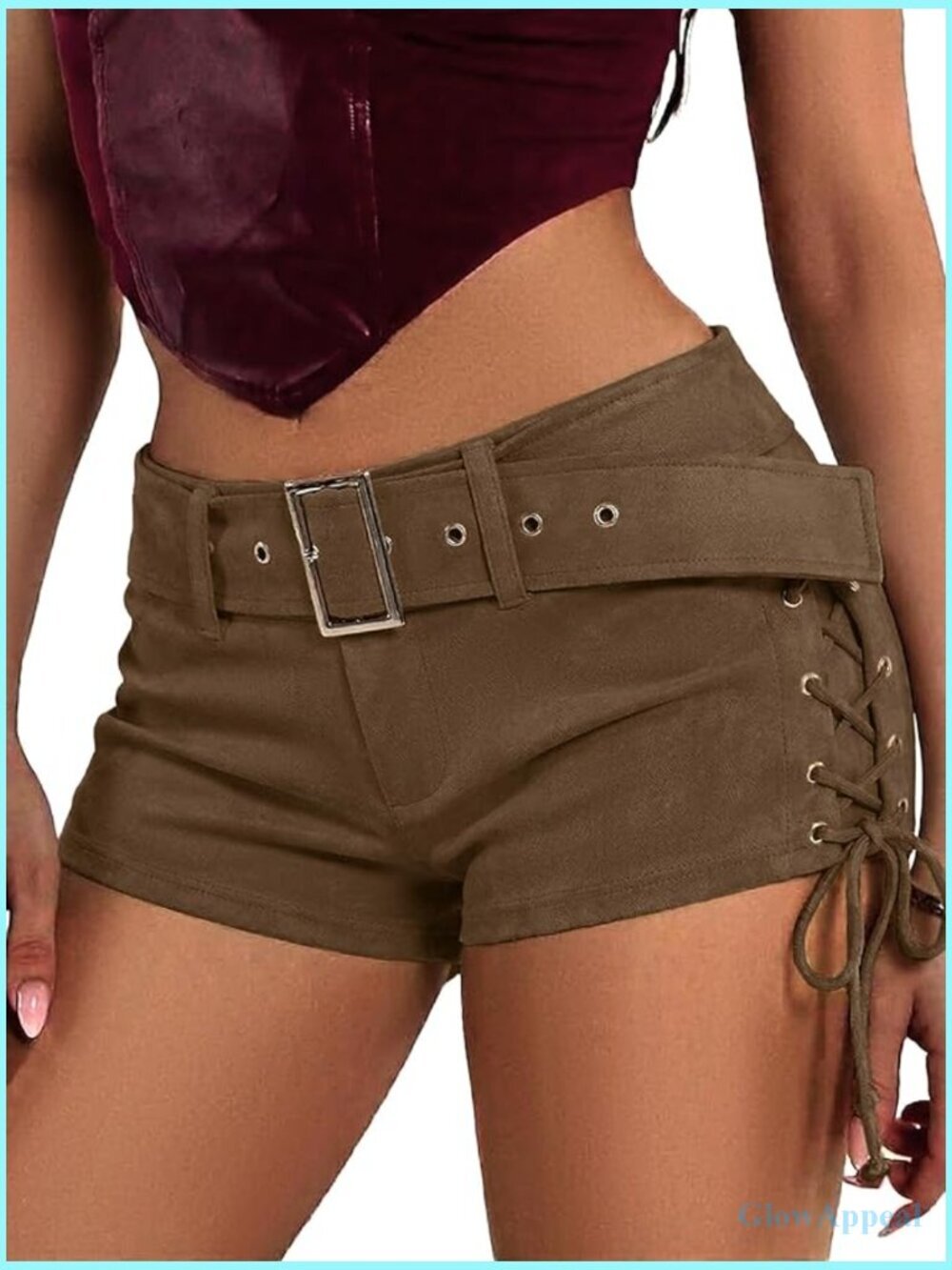 Faux Leather Micro Shorts with Lace-Up Sides and Buckle Belt